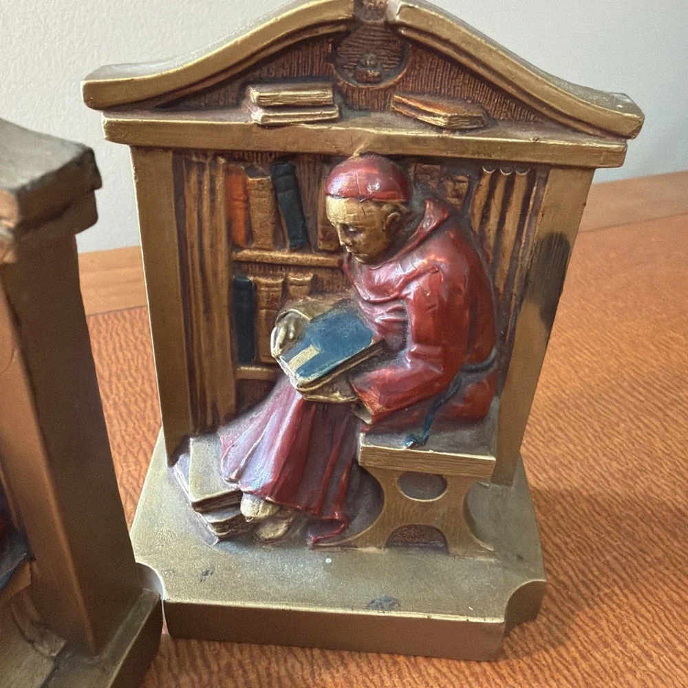 Vintage 1920 LV Aronson Cast Metal Monk Reading Library Bookends -F1